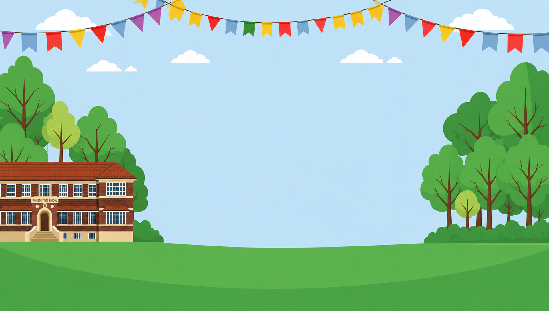 Illustrated Ironside school fair scene with bunting, school building, trees and open lawn